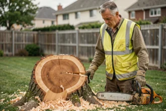 Homme debout près d'une souche d'arbre fraîchement coupée dans un jardin résidentiel, illustrant un abattage sans autorisation