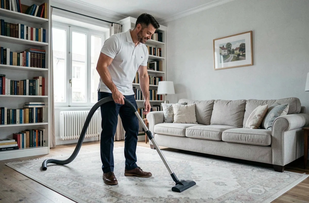 Agent d'entretien passant l'aspirateur dans un salon propre d'une maison à Bourg-en-Bresse
