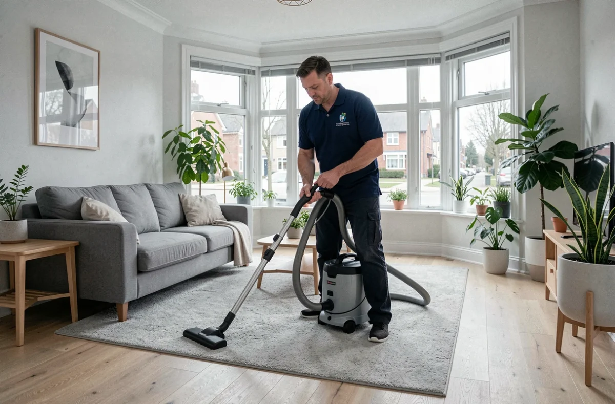 Agent de nettoyage professionnel passant l'aspirateur dans un salon au style scandinave