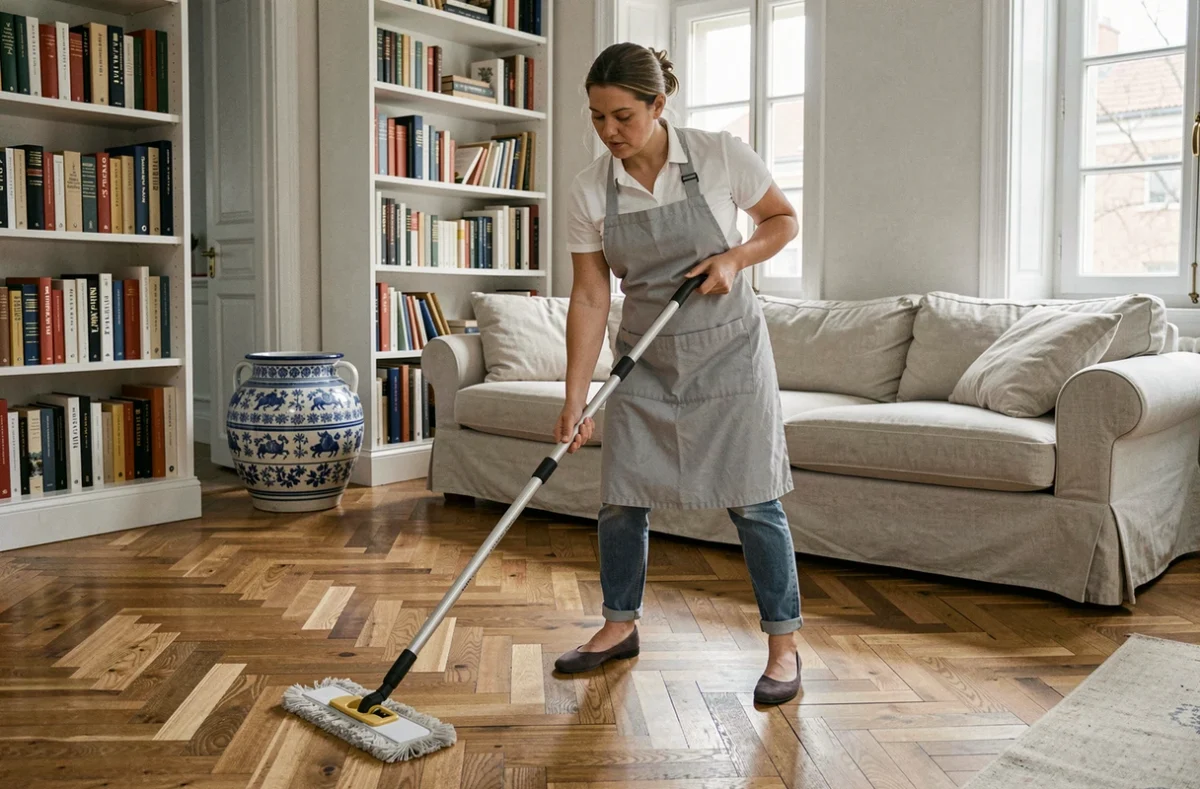 Aide ménagère professionnelle en train de nettoyer le parquet d'un appartement à Brest