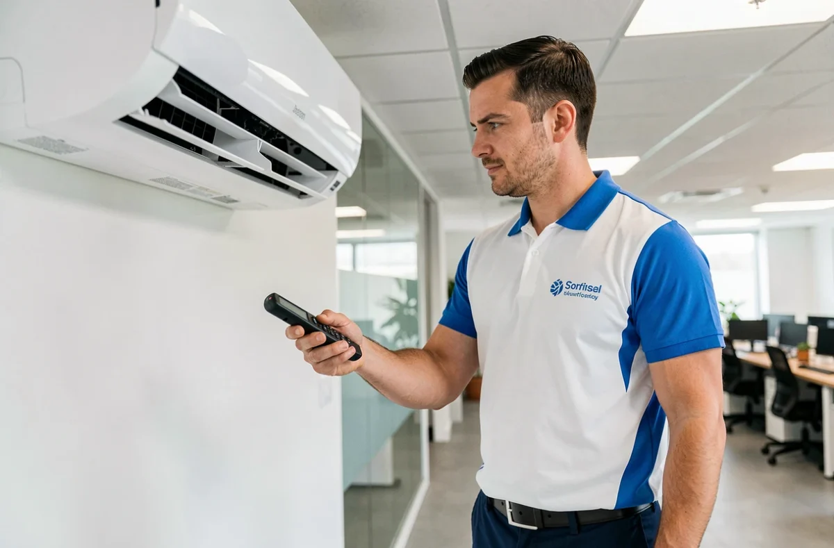 Spécialiste AIRMETIC effectuant les vérifications finales d'un système de climatisation multi-split dans un bureau moderne