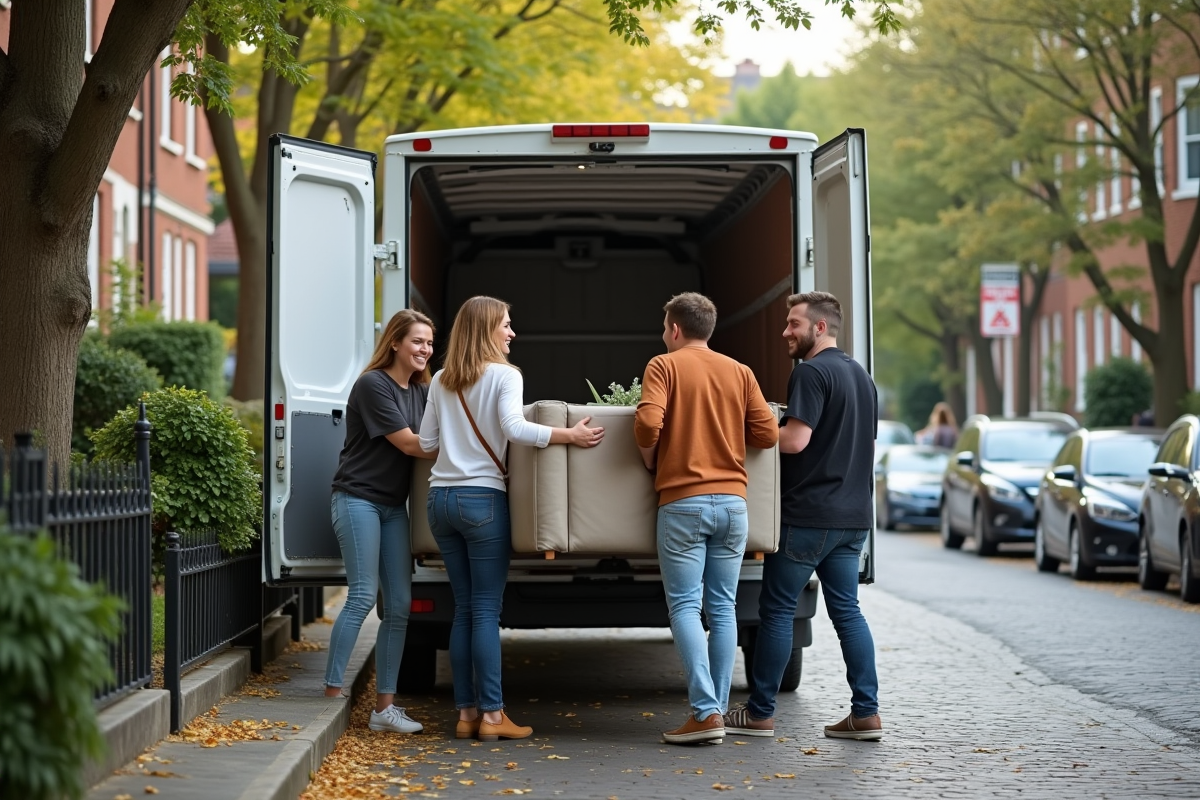 Amis chargent un canapé dans une camionnette en rue résidentielle