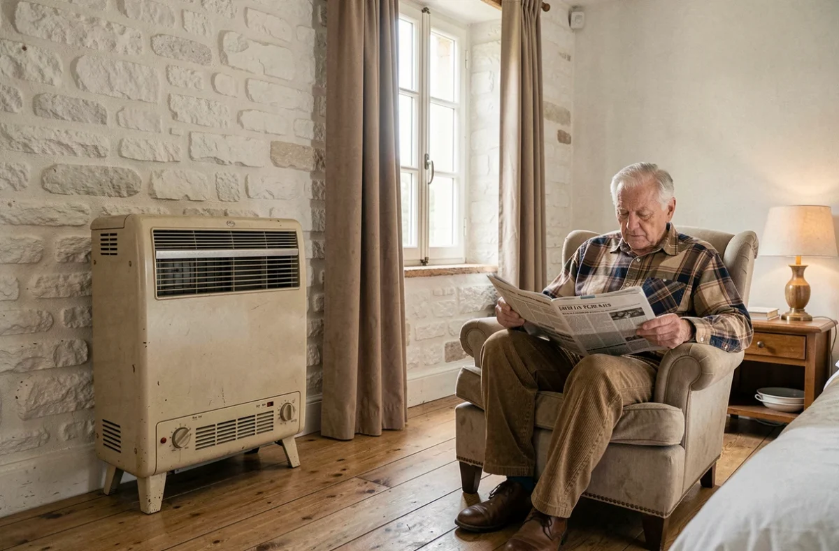 Homme âgé dans une chambre de maison en pierre avec un ancien radiateur à accumulation électrique contre le mur