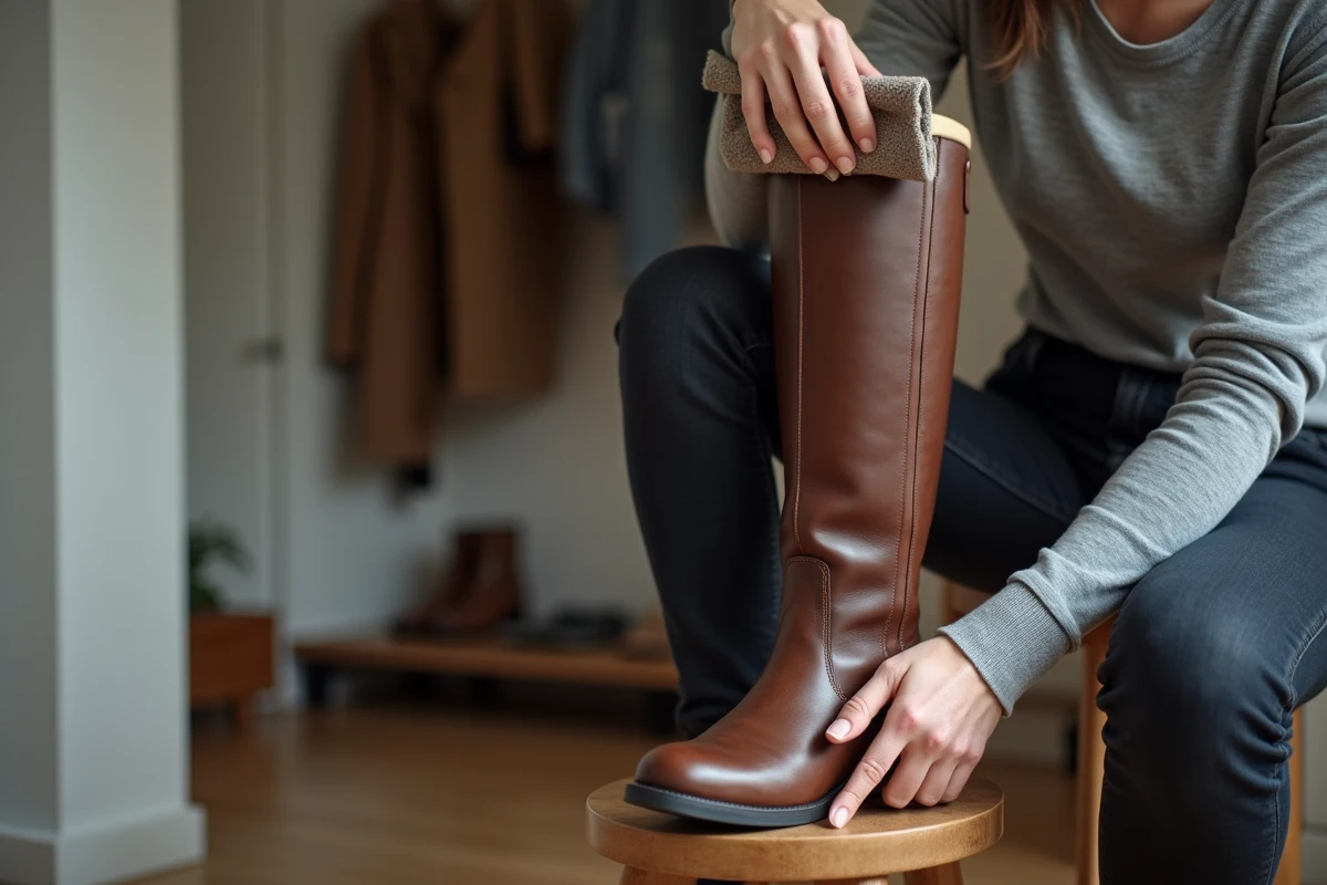 Femme appliquant de la graisse pour cuir sur une botte avec un chiffon doux dans un couloir d'entrée