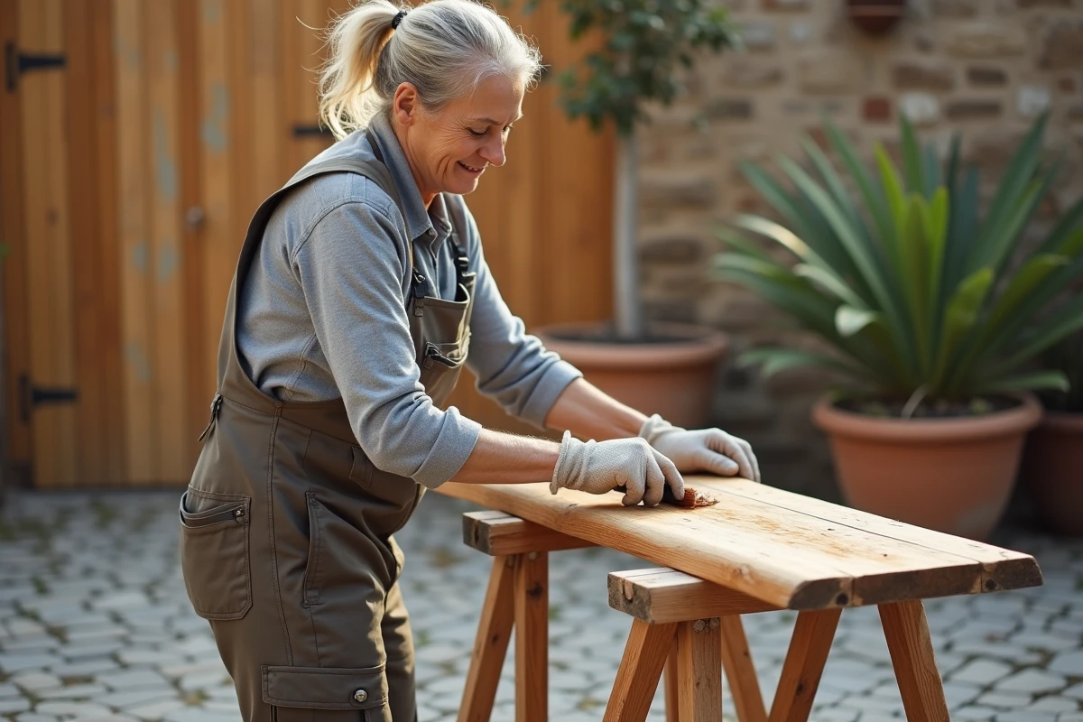 Femme appliquant une lasure hydrofuge sur un volet en bois pour le protéger de la pluie et du soleil