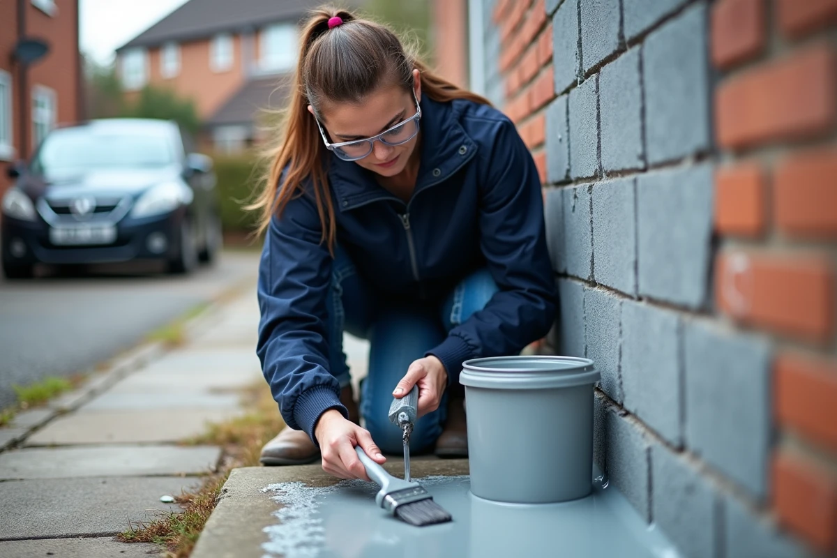 Femme appliquant une primaire d'accrochage imperméabilisante sur la base d'un mur extérieur en parpaing avant peinture