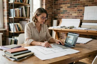 Architecte d'intérieur travaillant sur des esquisses et plans dans son studio parisien, entourée d'échantillons de matériaux et de logiciels de conception