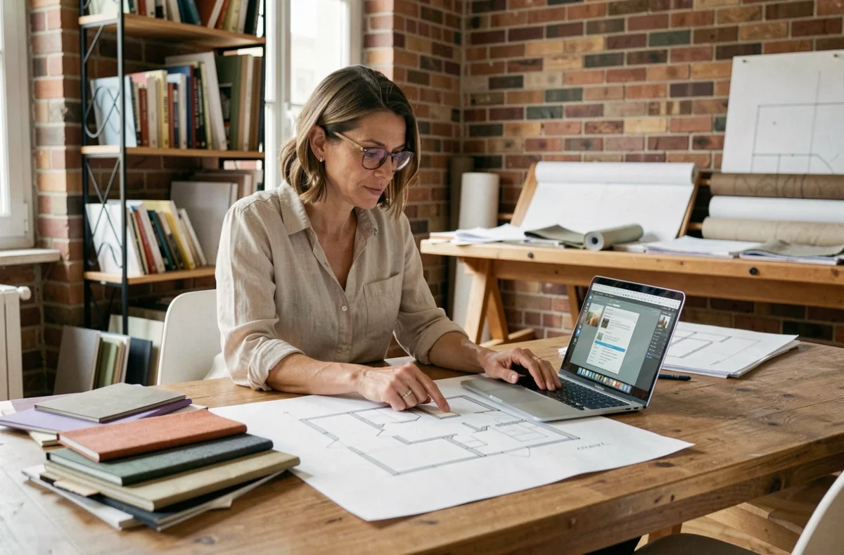 Architecte d'intérieur travaillant sur des esquisses et plans dans son studio parisien, entourée d'échantillons de matériaux et de logiciels de conception