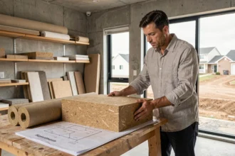 Architecte examinant un panneau isolant en fibre de bois Homatherm pour une maison passive