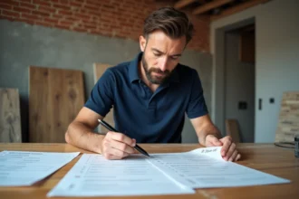 Artisan comparant des devis de plateformes de travaux sur une table de chantier avec documents imprimés et annotations