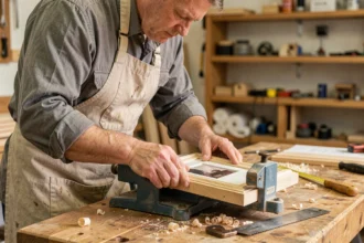 Artisan utilisant une boîte à onglets manuelle pour couper une corniche en bois à 45 degrés dans un atelier de menuiserie