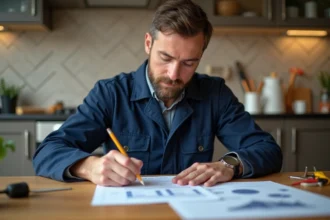 Artisan examinant un devis de petits travaux à domicile sur une table en bois
