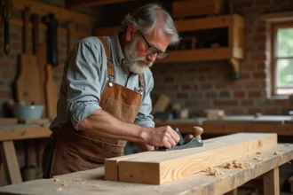 Artisan menuisier rabotant une planche de chêne pour fabriquer des volets en bois résistants