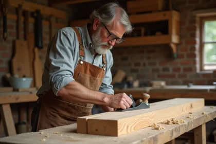 Artisan menuisier rabotant une planche de chêne pour fabriquer des volets en bois résistants