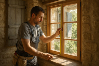 Artisan mesurant une fenêtre en bois dans une maison ancienne