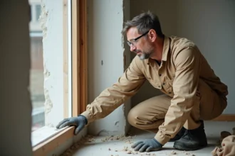 Artisan en tenue de travail examinant un joint de mousse expansive sur un cadre de fenêtre lors d'un chantier de rénovation résidentielle