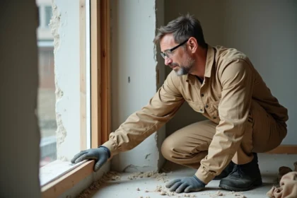 Artisan en tenue de travail examinant un joint de mousse expansive sur un cadre de fenêtre lors d'un chantier de rénovation résidentielle