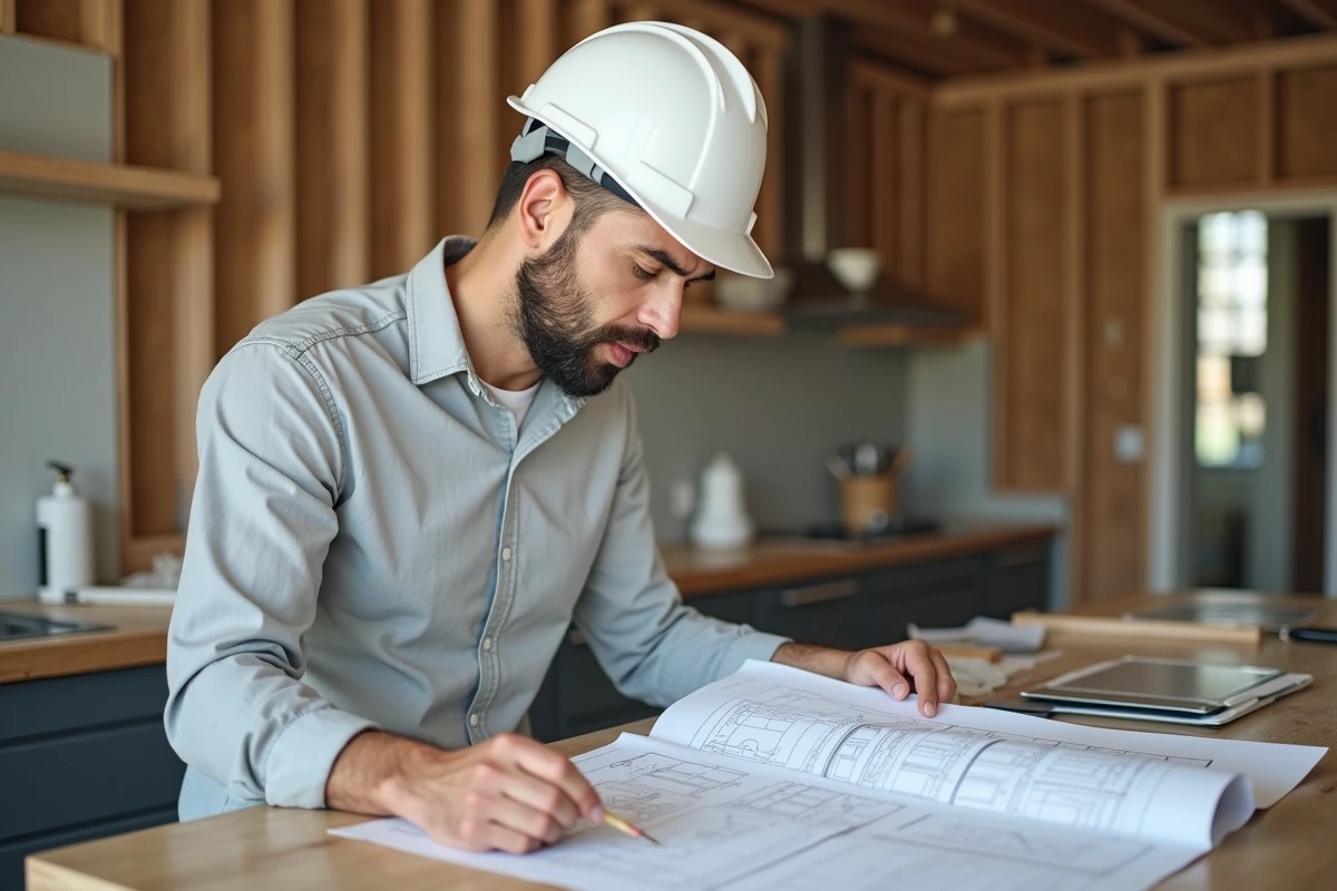 Artisan consultant examinant des plans de rénovation dans une cuisine en travaux pour un projet maison en 2026
