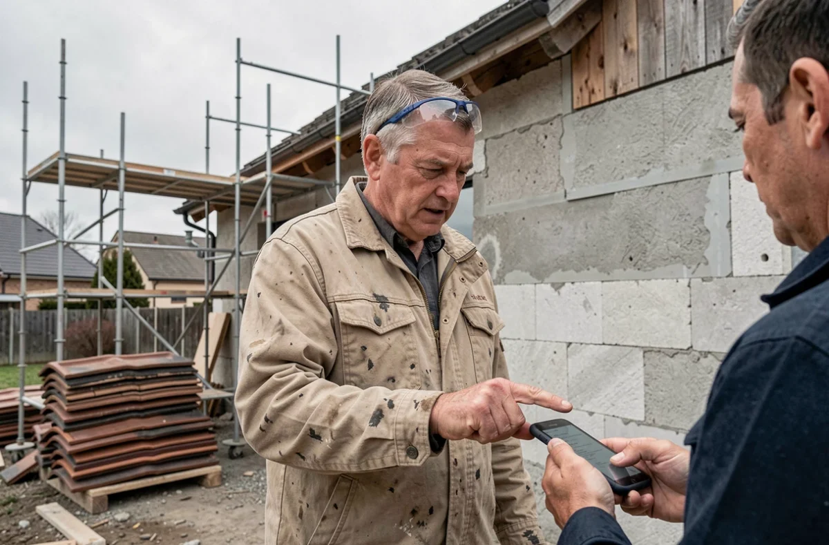 Artisan et propriétaire discutant de l'avancement d'un chantier résidentiel grâce à une application de suivi sur smartphone