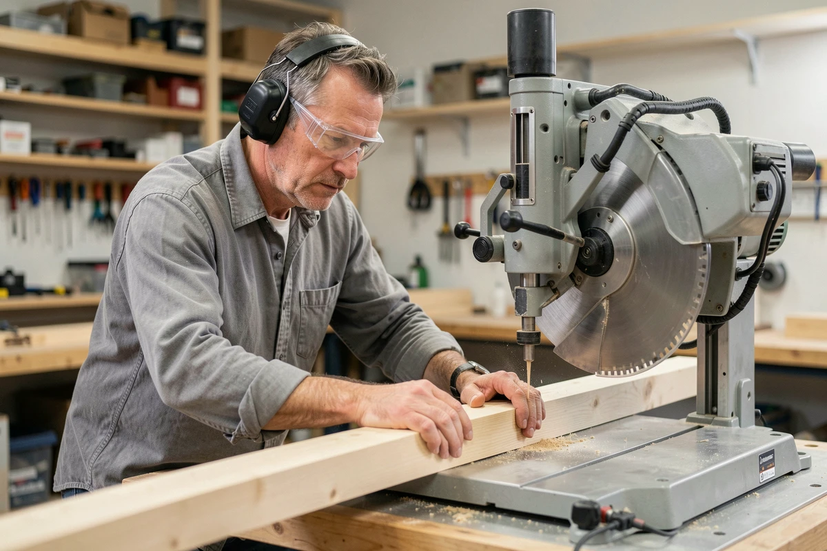 Artisan menuisier masculin d'âge moyen utilisant une scie radiale en intérieur avec équipement de protection individuelle et planche en bois