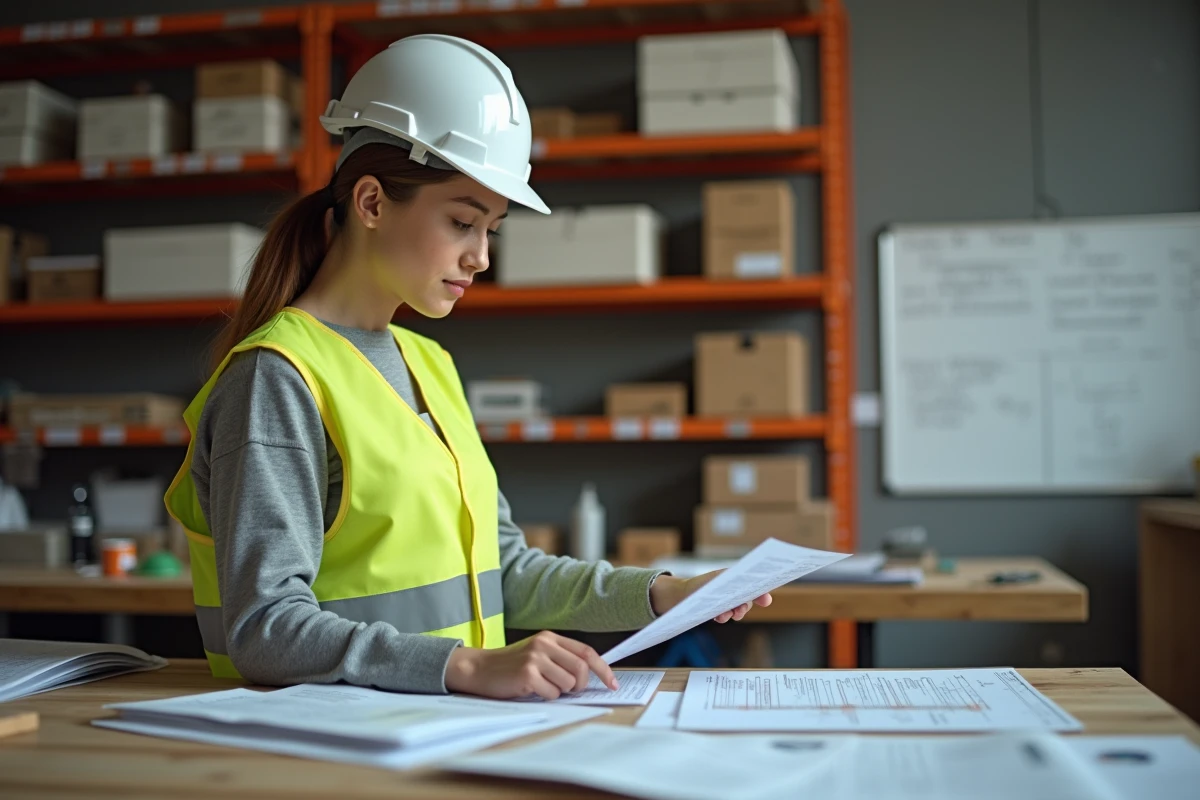 Artisane du bâtiment consultant des documents réglementaires sur la mousse expansive dans un atelier professionnel