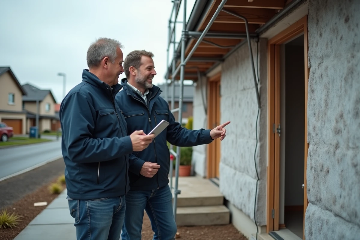 Deux artisans consultant un devis numérique devant une façade de maison en rénovation extérieure