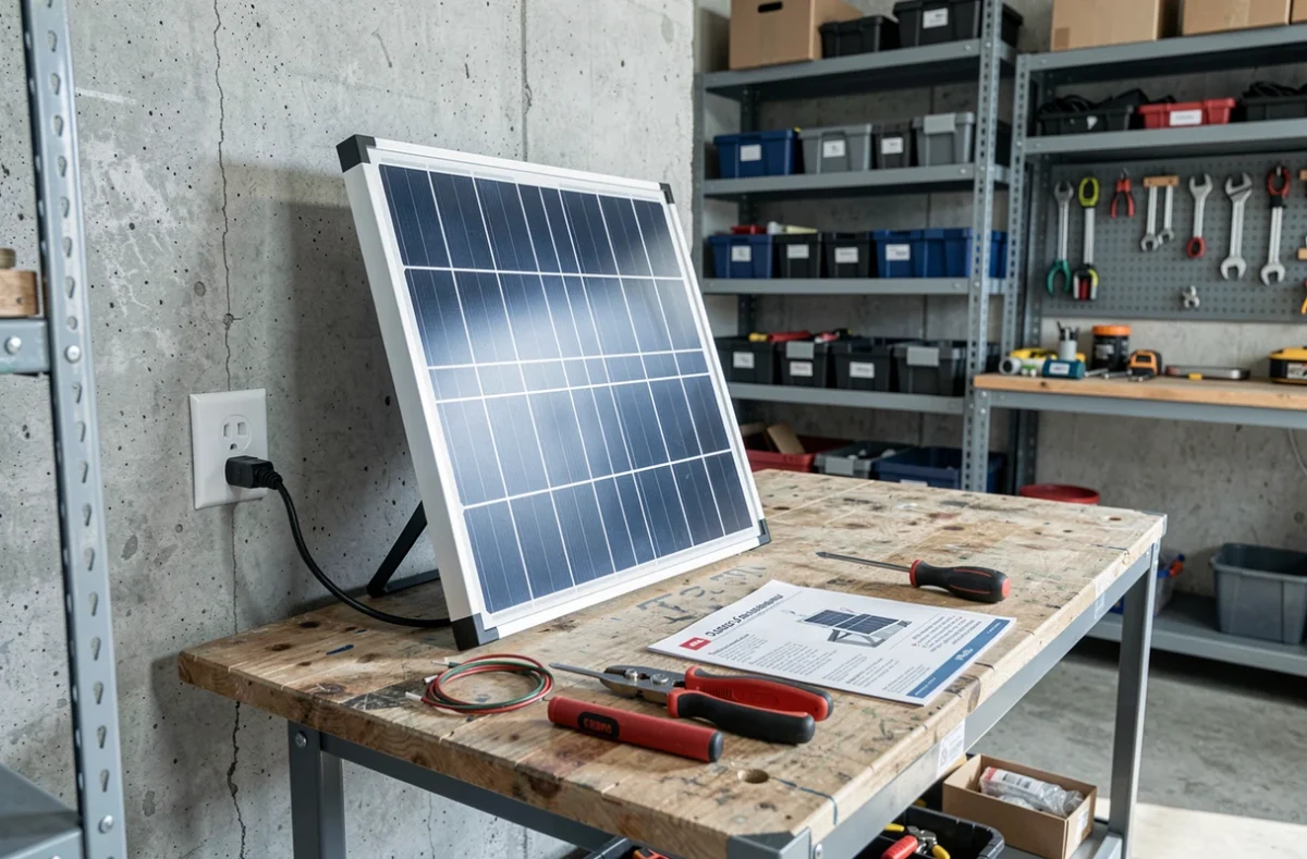 Atelier de bricolage avec panneau solaire portable, câble et outils d'installation posés sur un établi