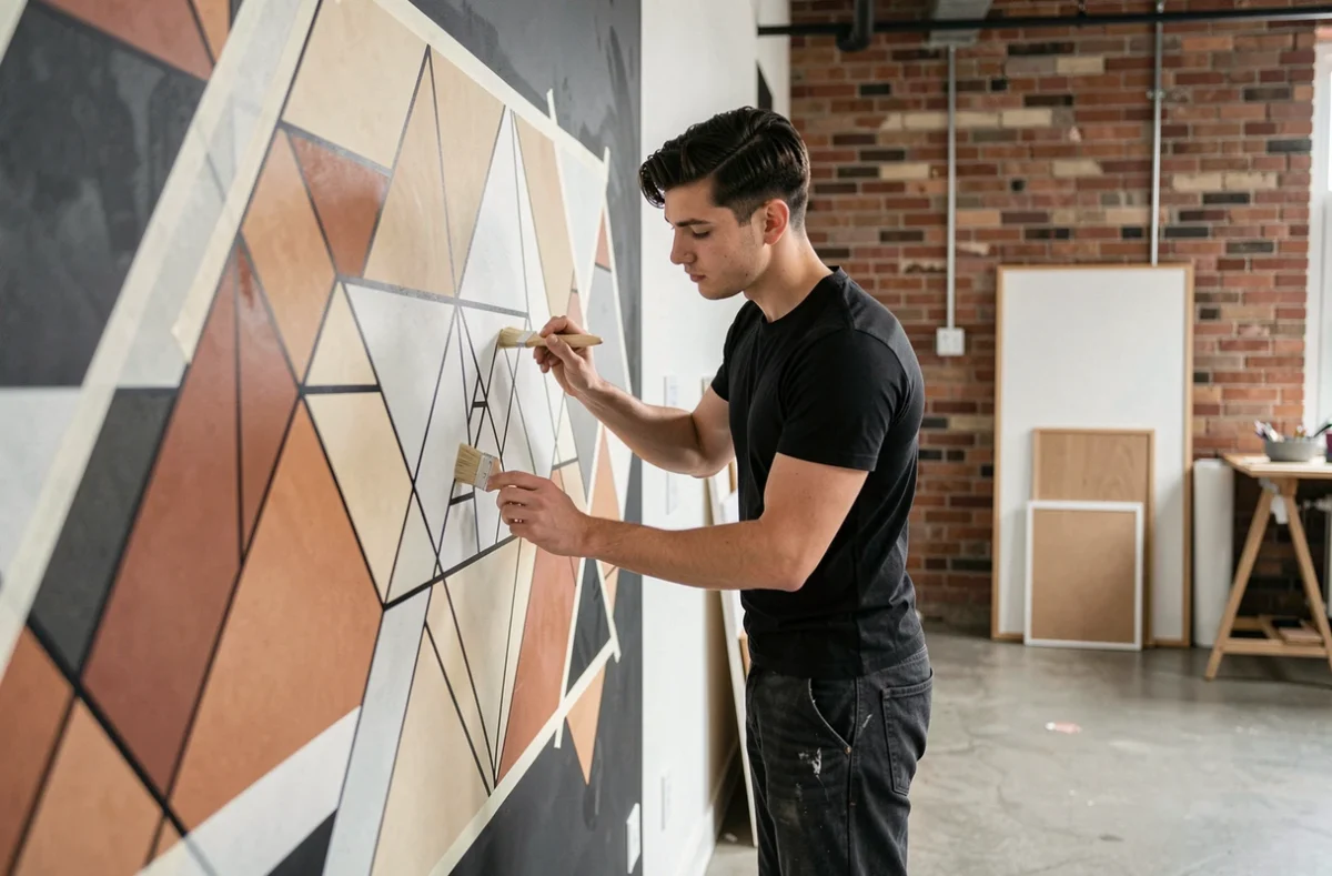 Artisan Atelier S.19 réalisant un motif géométrique peint à la main dans un espace de travail industriel en Moselle