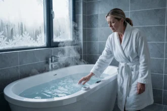 Femme en peignoir testant la température de l'eau d'une grande baignoire blanche en hiver, condensation sur la fenêtre froide