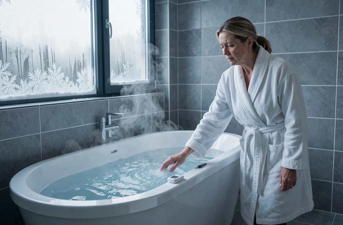 Femme en peignoir testant la température de l'eau d'une grande baignoire blanche en hiver, condensation sur la fenêtre froide