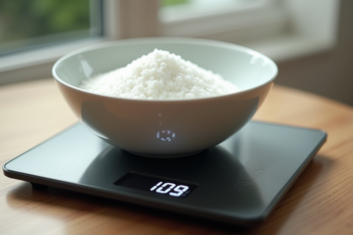 Balance de cuisine avec bol de sucre blanc et affichage 100g