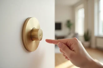 Bouton poussoir design en laiton brossé monté sur mur blanc mat dans un appartement contemporain