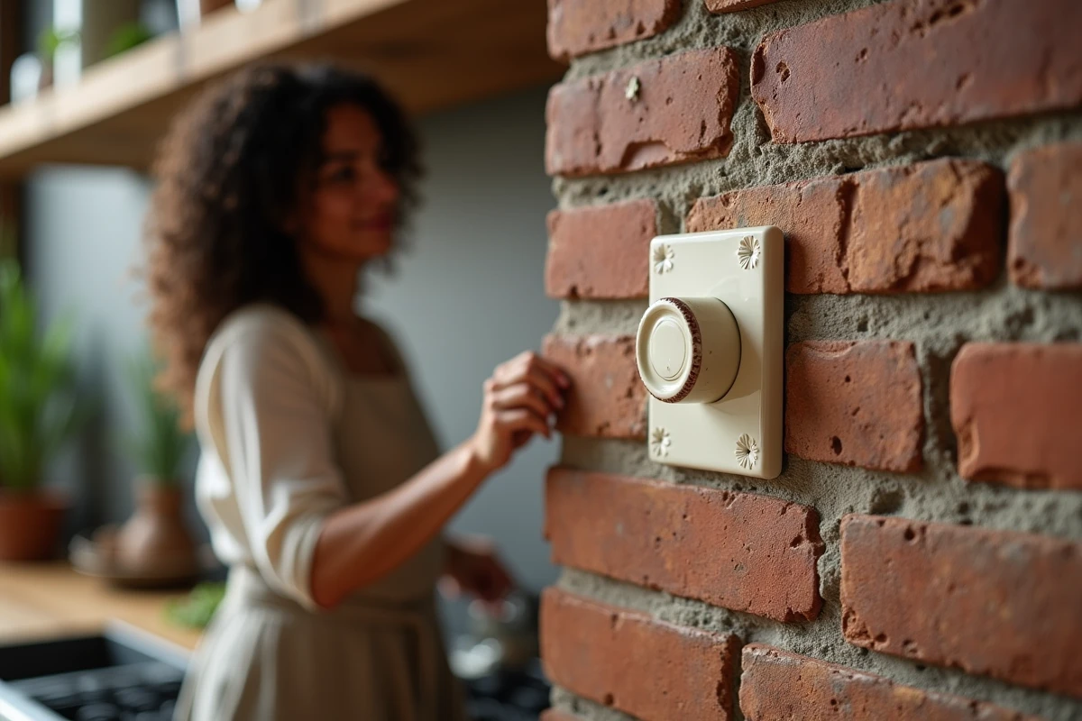 Bouton poussoir vintage en céramique ivoire sur mur de briques apparentes dans une cuisine loft industriel