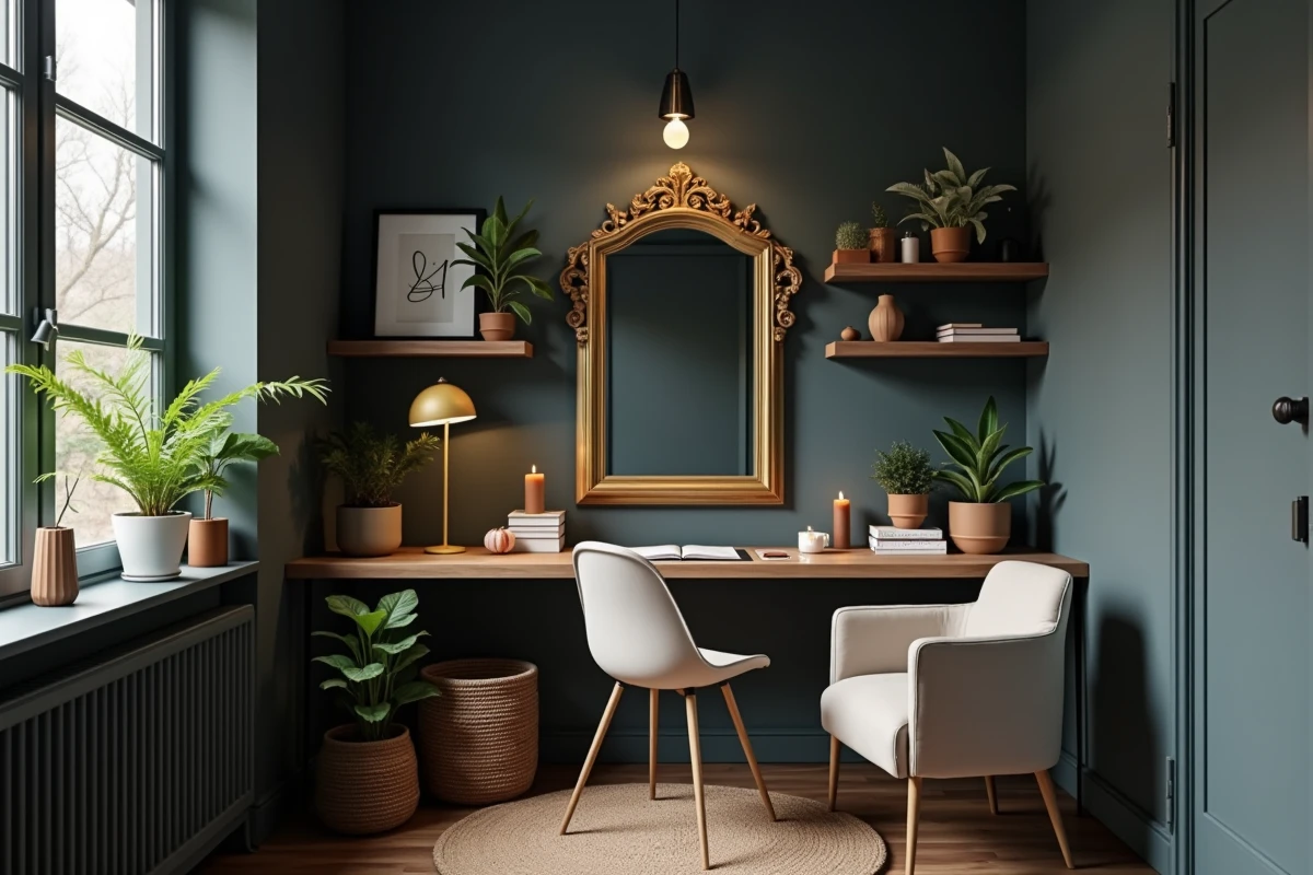 Bureau à domicile avec erreurs de décoration typiques : mur sombre envahissant, miroir mal placé et accessoires décoratifs en excès à éviter en 2026