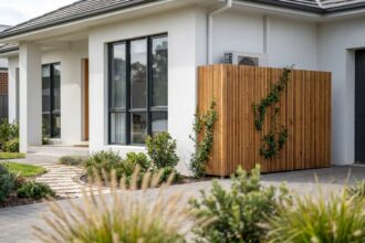 Unité de climatisation extérieure cachée derrière un claustra en bois sur façade de maison moderne