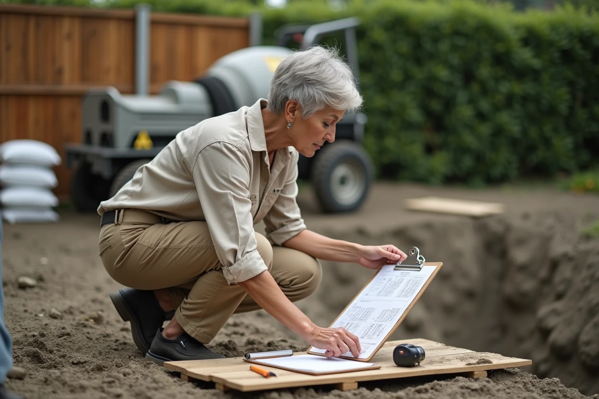 Femme consultant un plan de dosage béton sur chantier de fondation de clôture