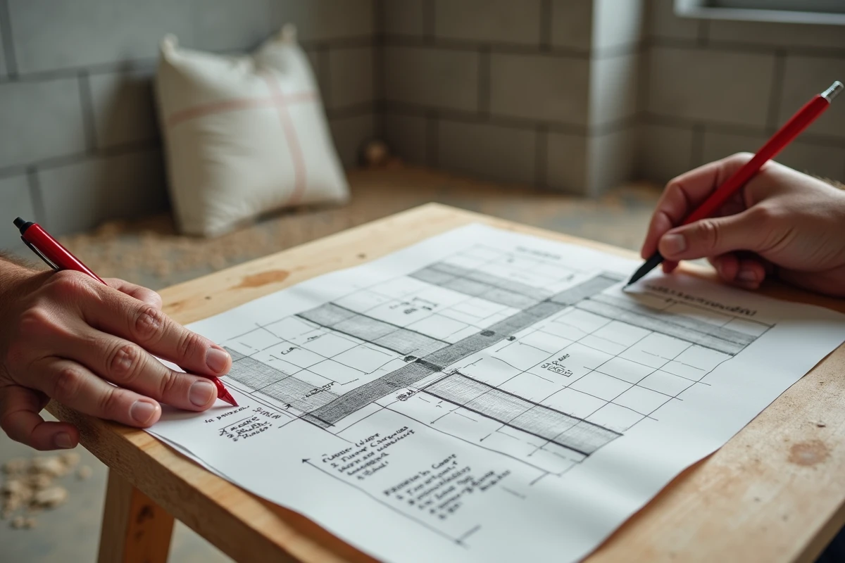 Mains d'un artisan annotant des calculs de m3 de béton sur un plan de construction posé sur un chantier