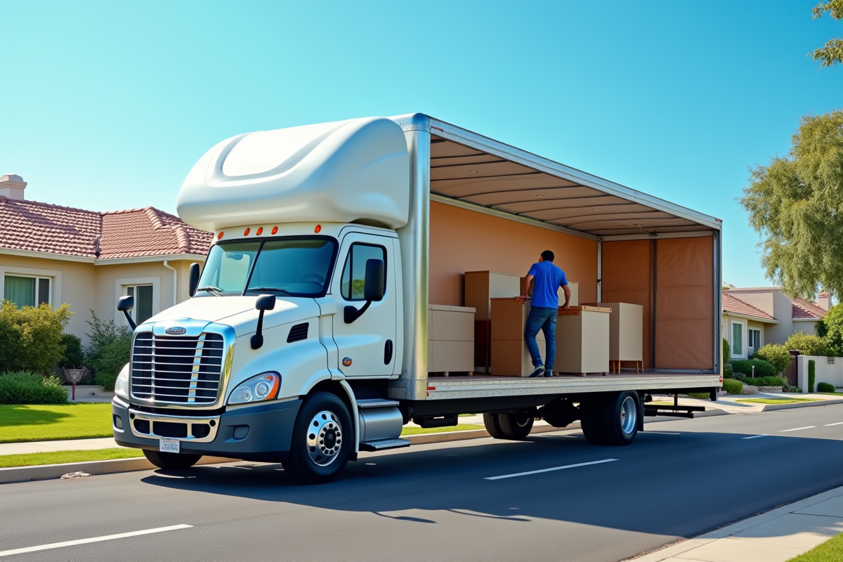 Camion de déménagement chargé de meubles devant une maison résidentielle
