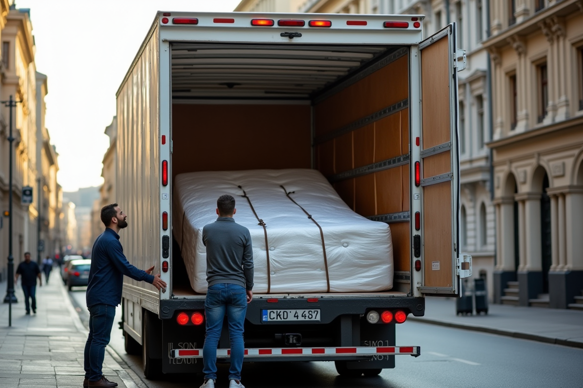 Couple fixant un matelas dans un camion de déménagement en ville