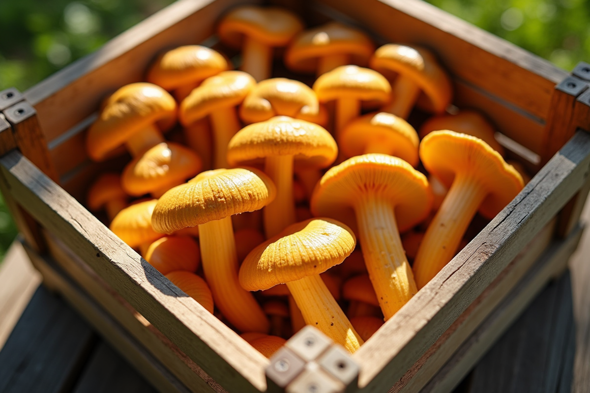 Champignons de chanterelle cultivés dans une caisse en bois