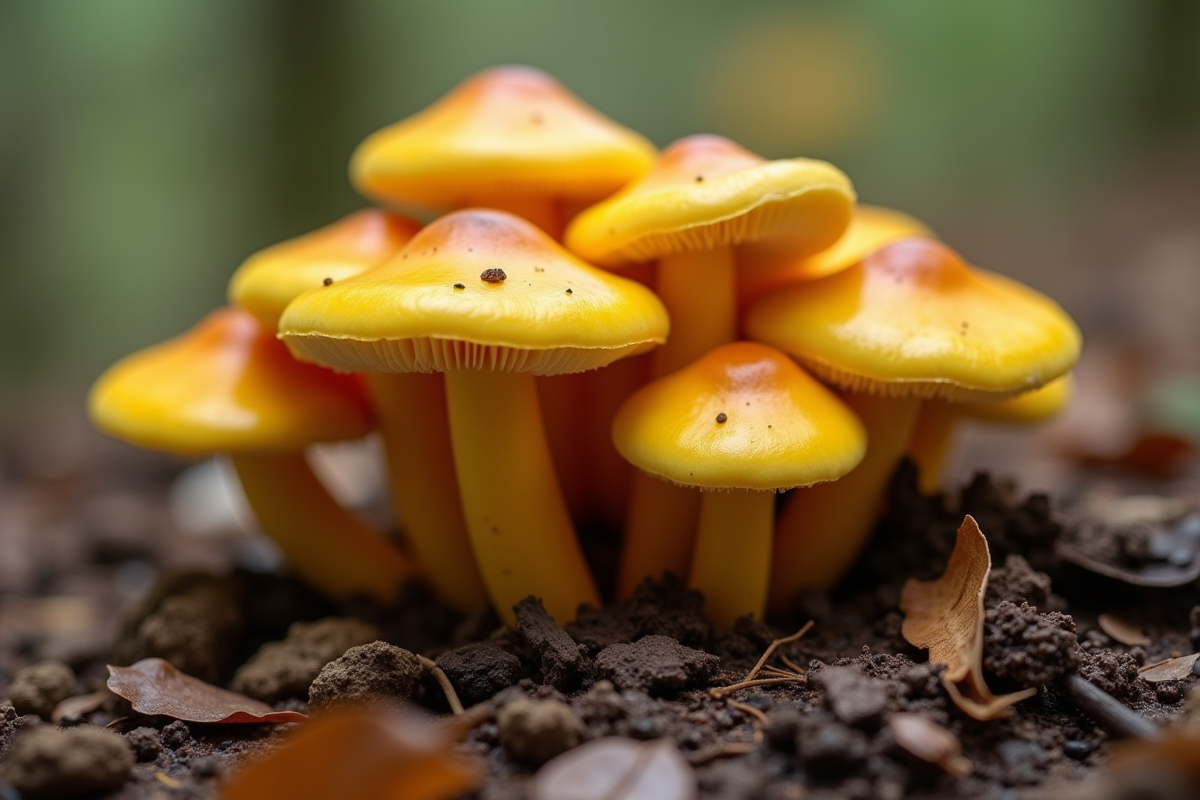 Gros plan sur des chanterelles jaunes dans la forêt
