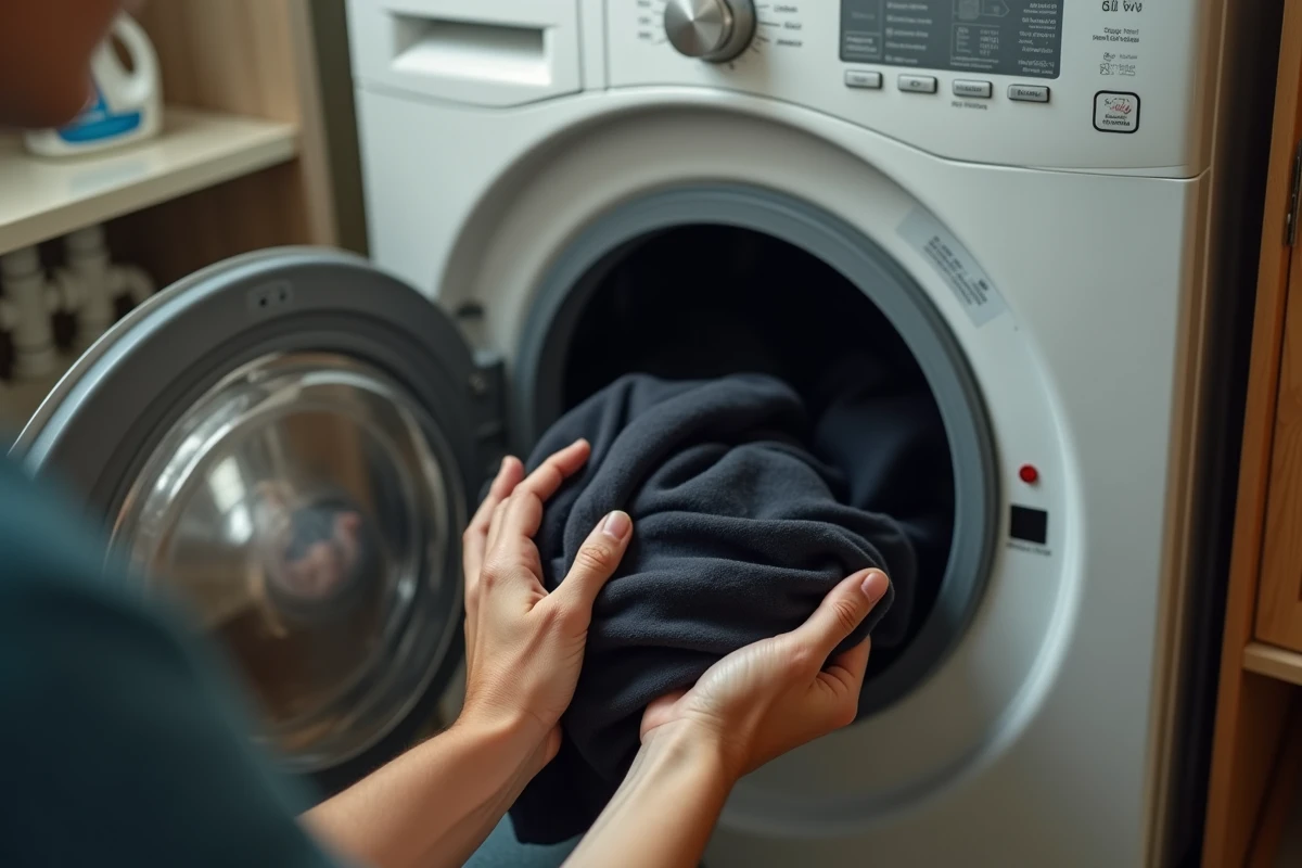 Chargement du linge dans un lave-linge Valberg, vue rapprochée du tambour et des mains d'un adulte