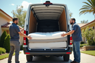 Homme chargeant un matelas queen size dans une camionnette blanche ensoleillee
