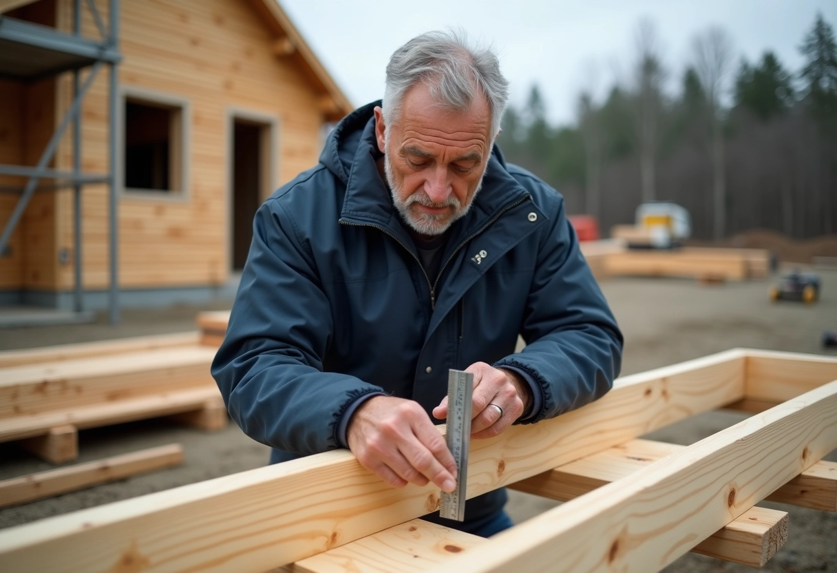 Charpentier expérimenté mesurant une structure en bois sur un chantier