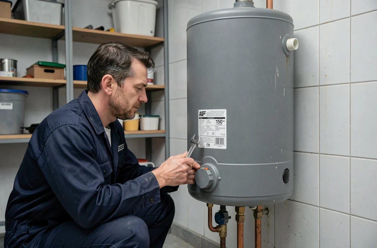 Plombier examinant un chauffe-eau électrique de 150 litres dans une buanderie, tuyaux en cuivre et PVC visibles
