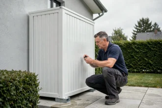 Technicien installant un coffrage en bois blanc autour d'une pompe à chaleur extérieure sur une terrasse en béton