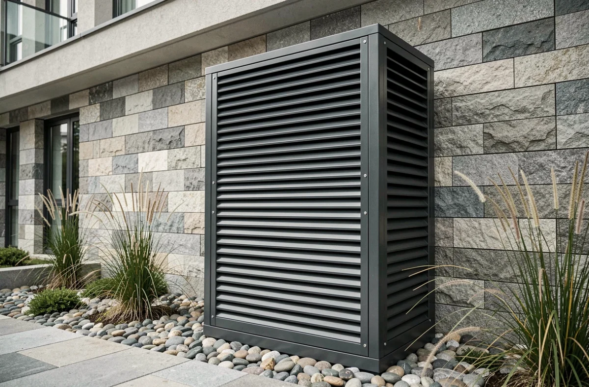Coffrage métallique en aluminium anthracite abritant une pompe à chaleur dans une cour d'immeuble
