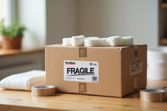 Colis fragile emballé sur une table en bois avec étiquette