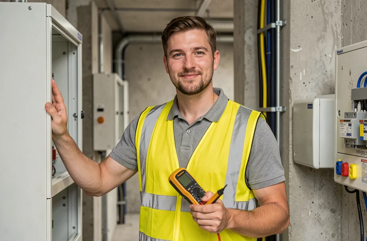 Électricien de COM électricien Brest devant un tableau électrique dans un bâtiment commercial