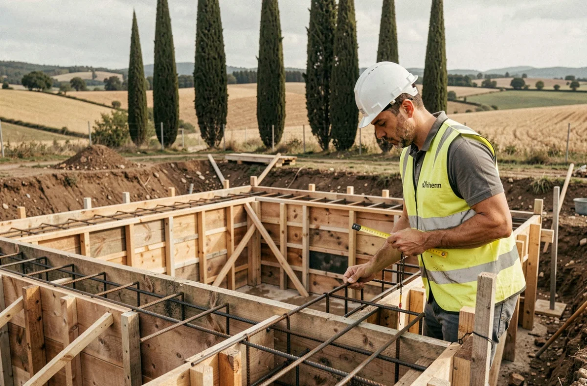 Chantier de construction de piscine par Compao Piscines dans la campagne de Lherm en Haute-Garonne avec ferraillage apparent